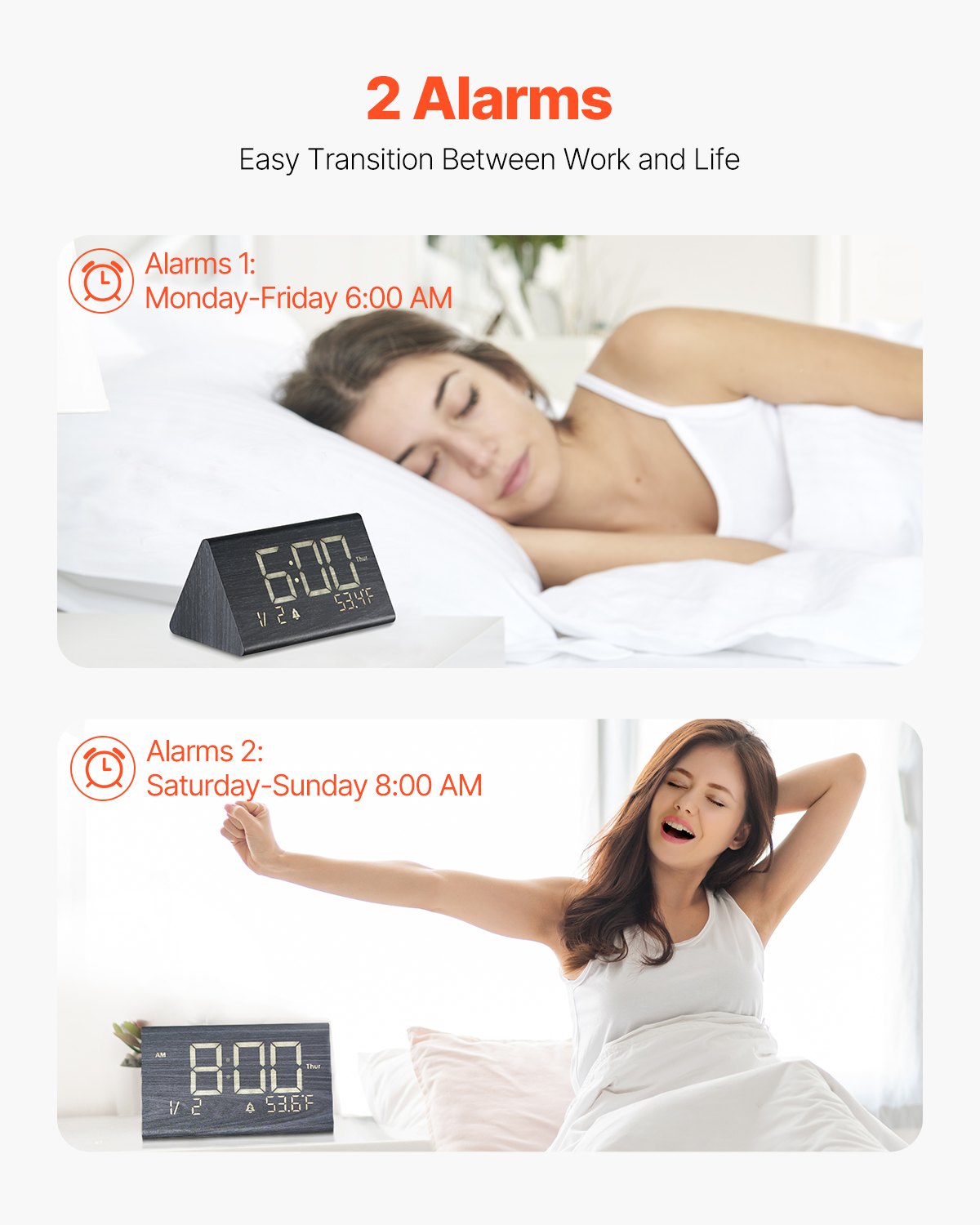 Wooden Digital Alarm Clock with USB Charging