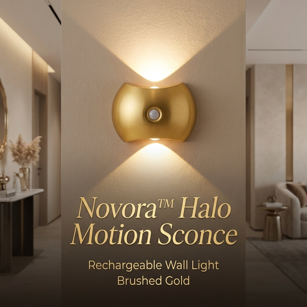 Novora™ Halo Motion Sconce — Rechargeable Wall Light, Brushed Gold