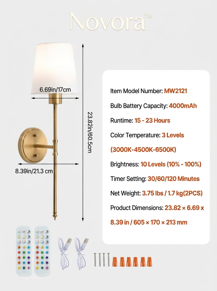 Novora™ Sterling Wireless Wall Sconce — Set of 2, Brushed Gold
