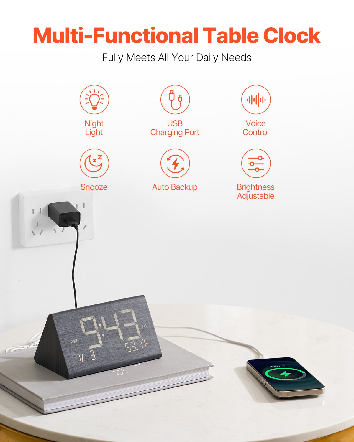 Wooden Digital Alarm Clock with USB Charging