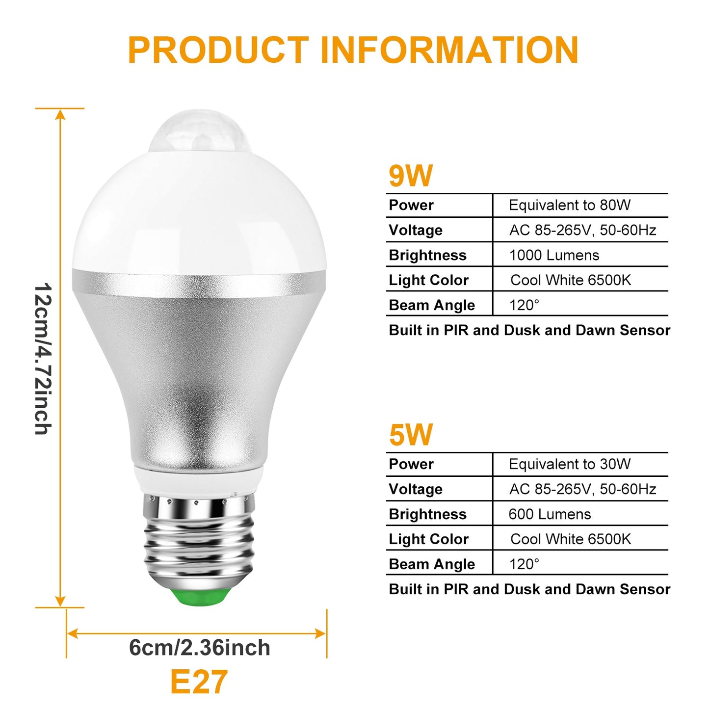 Motion-Sensor LED Bulb, Dusk-to-Dawn Auto On/Off