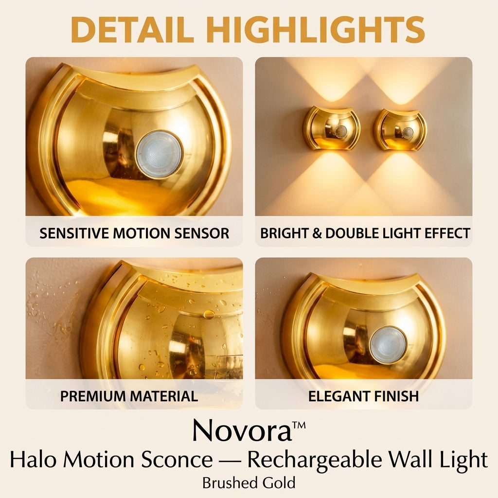 Novora™ Halo Motion Sconce — Rechargeable Wall Light, Brushed Gold