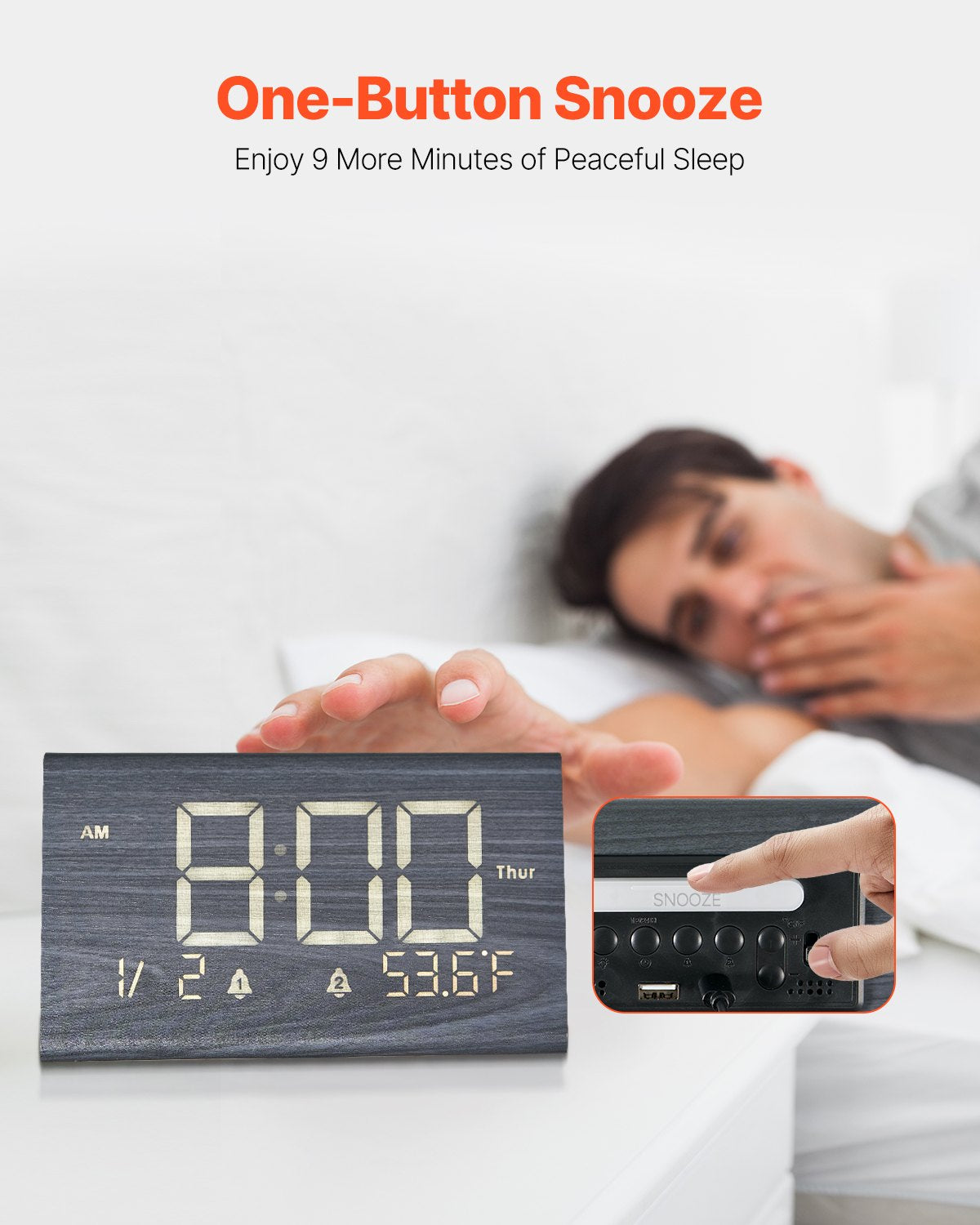 Wooden Digital Alarm Clock with USB Charging