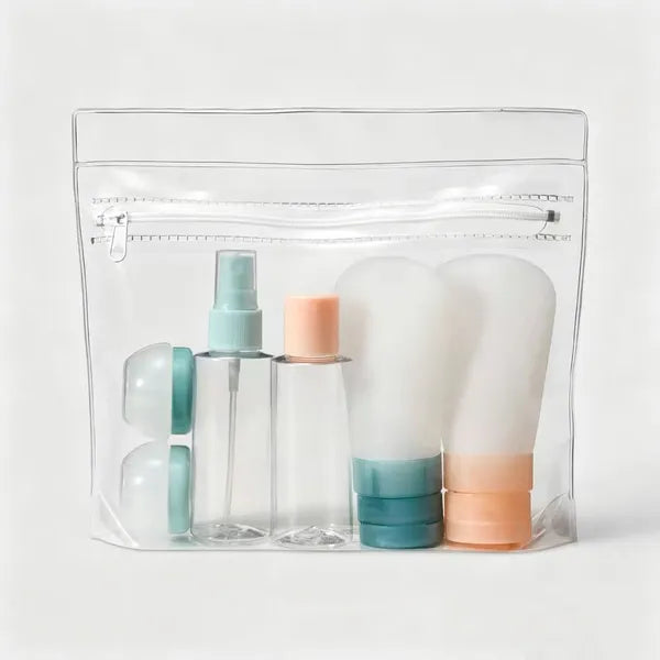 7-Piece Travel Bottle Set packed for travel