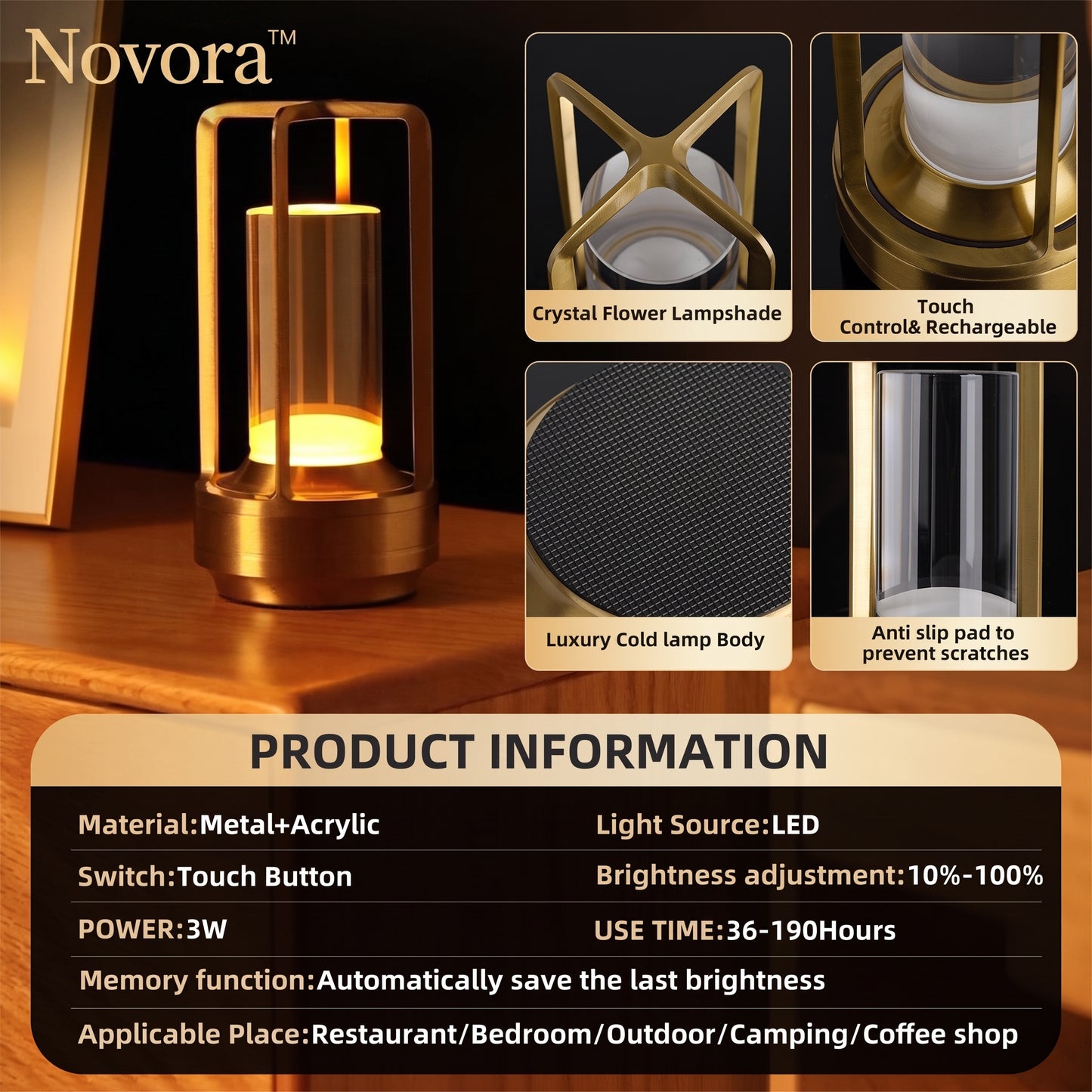 Novora™ Lantern Cordless Table Light — Brushed Gold