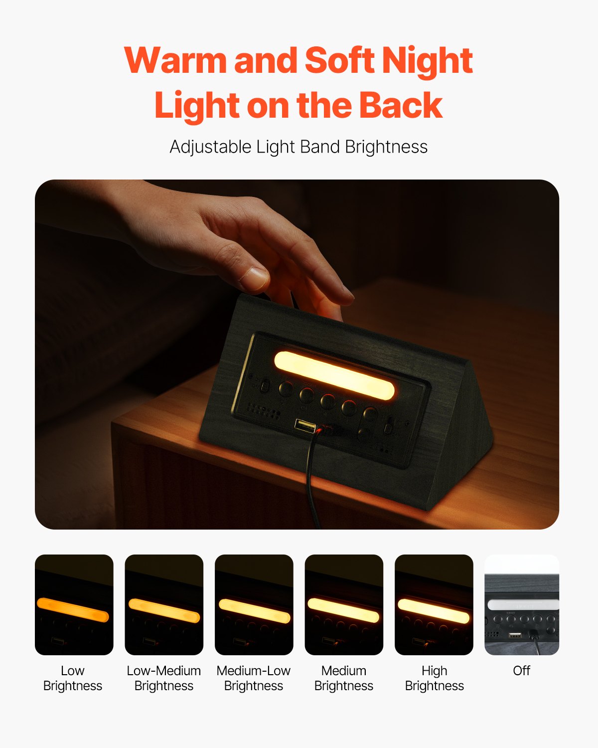 Wooden Digital Alarm Clock with USB Charging