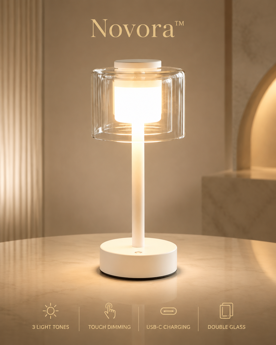 Novora LumaGlow lamp on bedside table