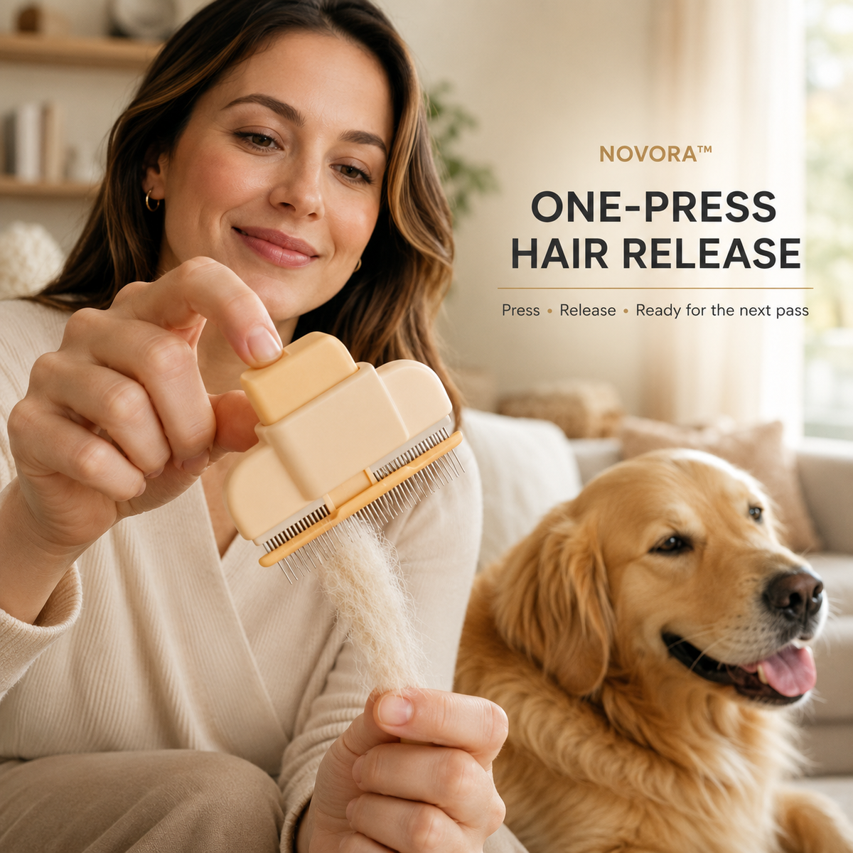 Novora pet deshedding comb in use on dog
