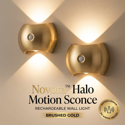 Novora™ Halo Motion Sconce — Rechargeable Wall Light, Brushed Gold