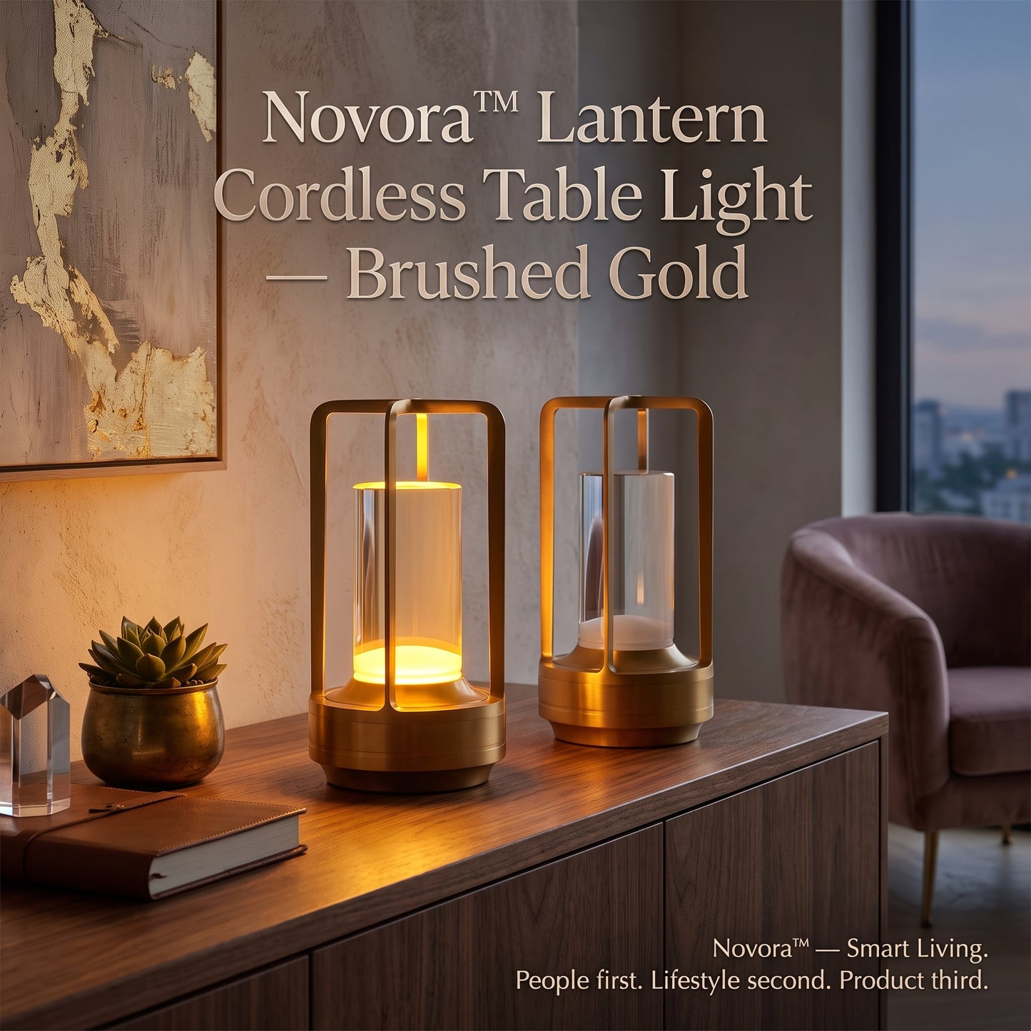 Novora™ Lantern Cordless Table Light — Brushed Gold