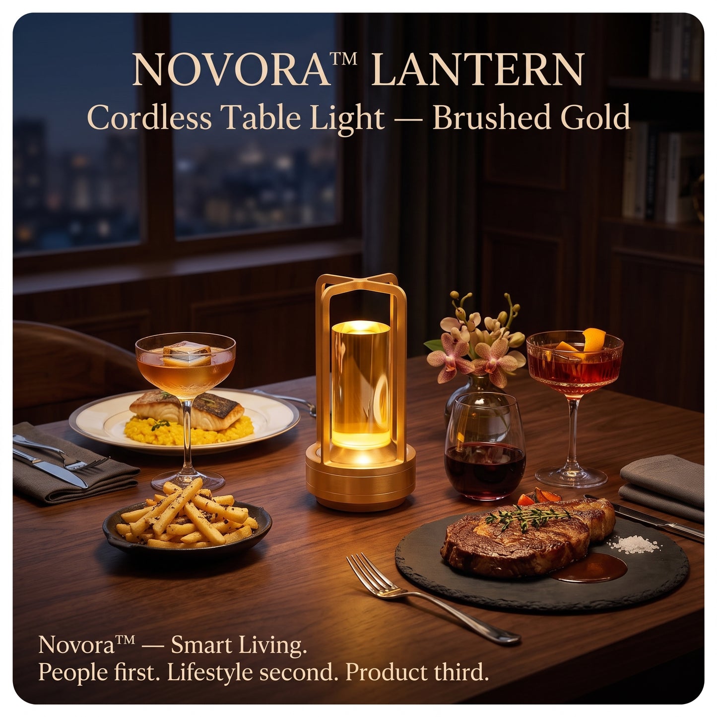 Novora™ Lantern Cordless Table Light — Brushed Gold