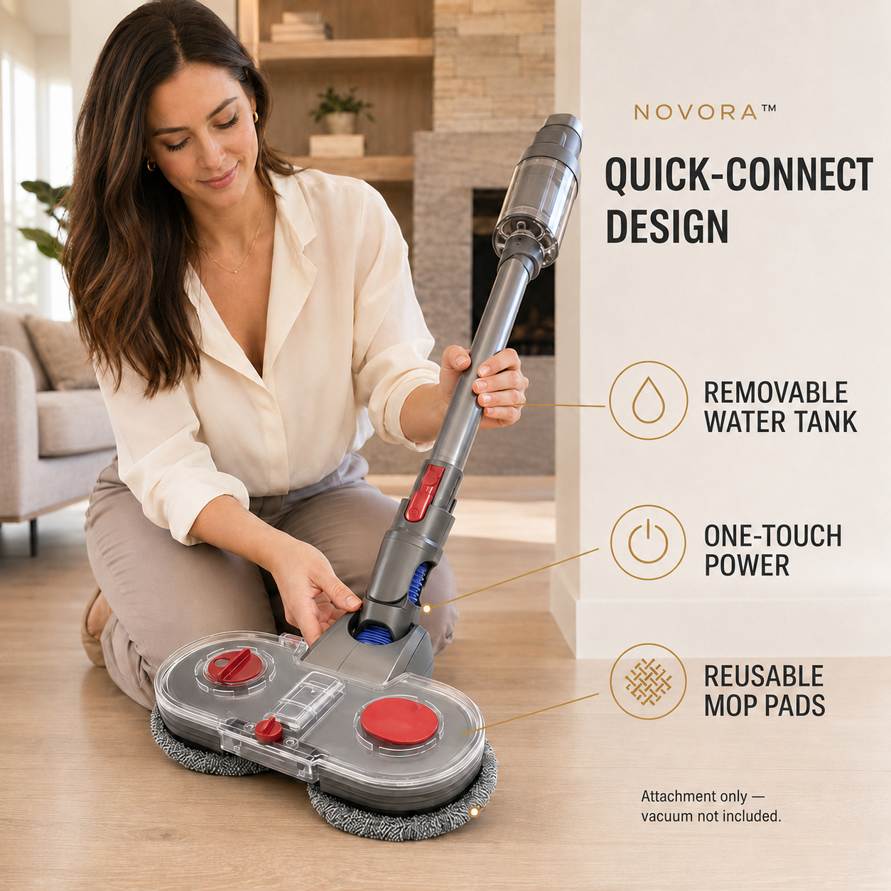 Novora SpinMop Duo attached to cordless vacuum