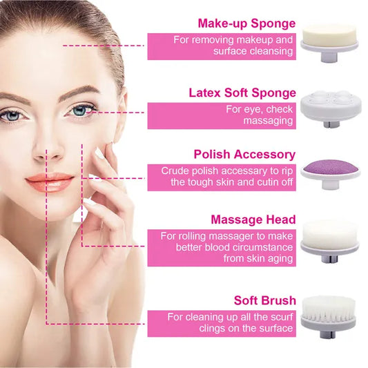 Waterproof facial cleansing brush with five brush heads