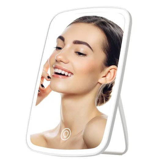 Small LED lighted makeup mirror with touch screen brightness control