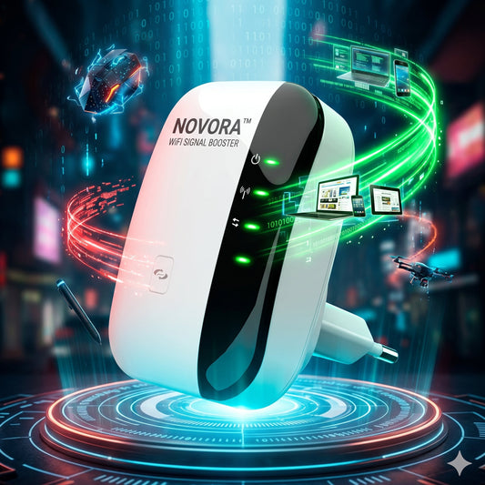 Novora WiFi signal booster for home plugged into wall outlet